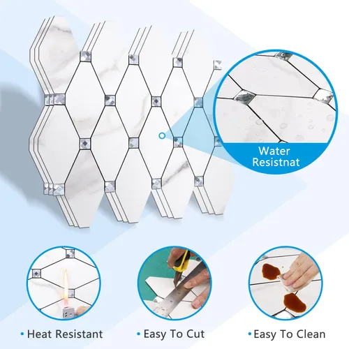 Vista 5 de STICKGOO 1 hoja de salpicaduras de pared para despegar y pegar, adhesivos de azulejos compuestos de aluminio Calacatta, salpicaduras autoadhesivas