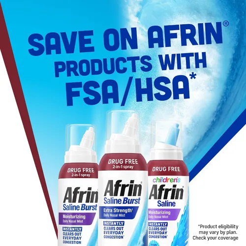 Vista 10 de Afrin Bruma salina hidratante para niños para congestión nasal diaria y nariz seca, espray salino isotónico de agua de mar para bebés de más de 6