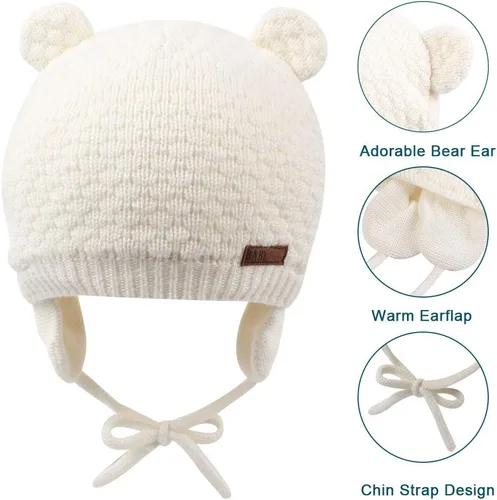 Vista 4 de XIAOHAWANG Gorro de bebé con solapas de orejas para otoño e invierno, diseño de oso