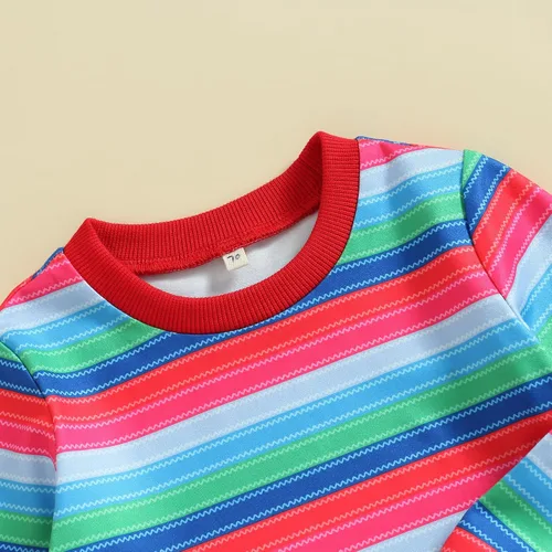 Vista 5 de Disfraz de Chucky de Halloween para niños pequeños, disfraz de rayas de arco iris, 2 piezas