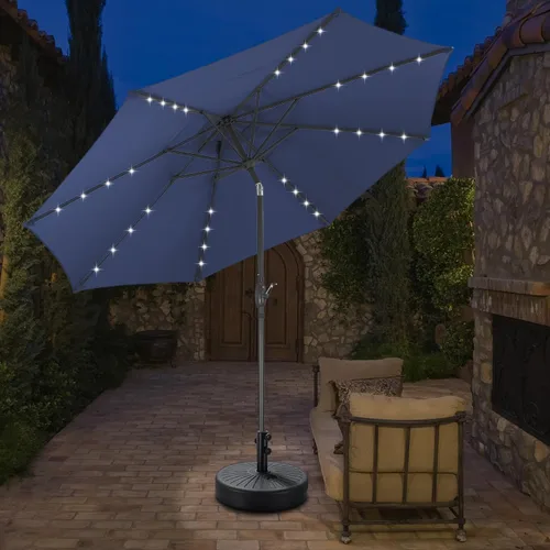 Vista 14 de Sombrilla solar de patio de 10 pies con base, 32 luces LED, sombrilla de mercado al aire libre con botón de inclinación y grietas para jardín Azul