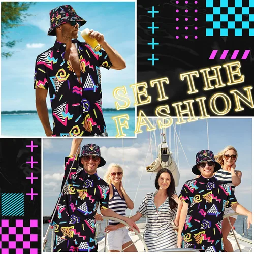 Vista 7 de Conjunto de 2 piezas de camisa y pantalones cortos retro de los años 80 y 90 con sombrero, trajes de playa hawaianos para hombres, fiesta