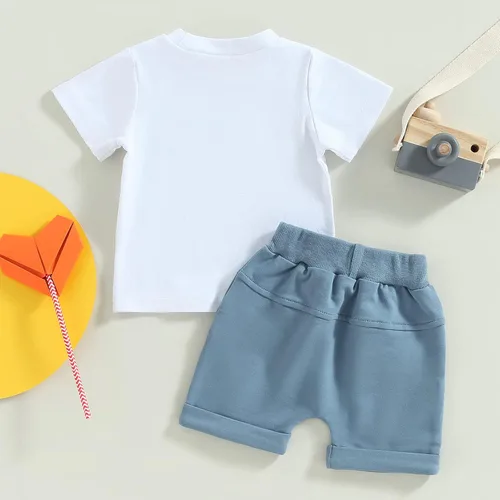 Vista 49 de Conjunto de traje de verano para bebé niño pequeño, manga corta, cuello redondo, letras impresas, lindo traje de verano, conjunto de 2 piezas