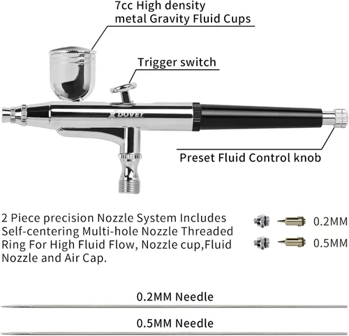 Vista 2 de XDOVET Kit Profesional de Aerógrafo de Acción Dual con Taza de Pintura Metálica de 7ml y Recipiente Lateral - Ideal para Tatuajes, Maquillaje, Uñas