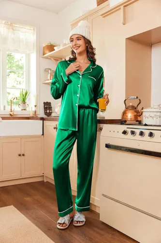 Vista 2 de Ekouaer - Conjunto de pijama clásico de seda satinada, con botones, para mujer
