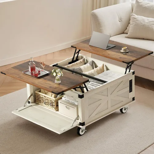Vista 9 de Mesa de centro elevable de 40 pulgadas con luz LED, modernas mesas de centro grandes con almacenamiento y 4 cajones, mesa de centro de mesa