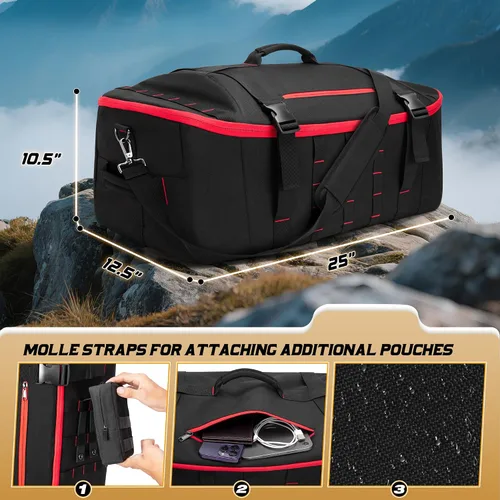 Vista 3 de Bolsa de lona táctica de 65 L con correas de mochila, bolsillo húmedo y divisores desmontables, mochila de lona para viajes, deportes y militares