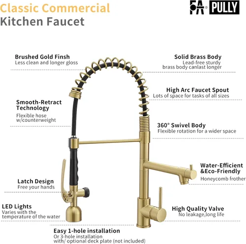 Vista 8 de Fapully Grifo de cocina de una sola manija con arco alto, dorado cepillado, extraíble con LED, grifos de fregadero de cocina de una sola palanca