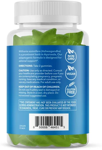 Vista 3 de Gomitas Ashwagandha para apoyar el estrés y el estado de ánimo, suplemento vegano, sin OMG para calma y relajación, Withania Somnifera para mejorar
