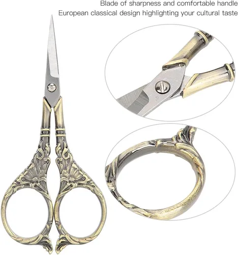 Vista 5 de Tijeras retro europeas, elegantes manualidades de punto de cruz, herramienta de artesanía antigua hecha a mano para entusiastas de la costura, cobre