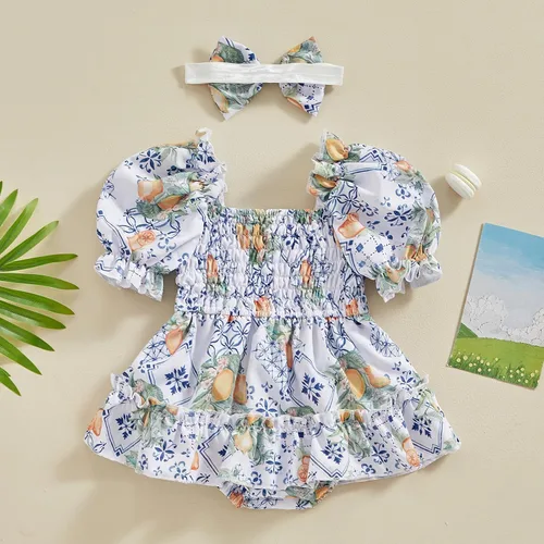Vista 7 de Mameluco de verano para niña, sin mangas, vintage, con burbujas, vestido de mameluco lindo y diadema