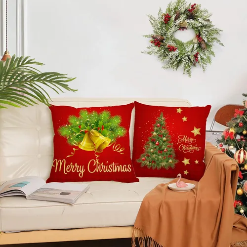 Vista 3 de Juego de 4 fundas de almohada de Navidad de 12 x 12 pulgadas, fundas de almohada de terciopelo de Navidad, fundas de almohada doradas y rojas