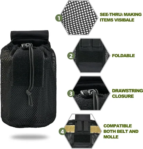 Vista 2 de SABADO Bolsa táctica Molle de malla de malla para cinturón con cordón, plegable, flexible, duradera, con gancho y bucle, se despliega con una