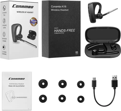 Vista 7 de Conambo Auriculares Bluetooth con doble micrófono con cancelación de ruido y botón de silencio, auricular inalámbrico para 16 horas de conversación