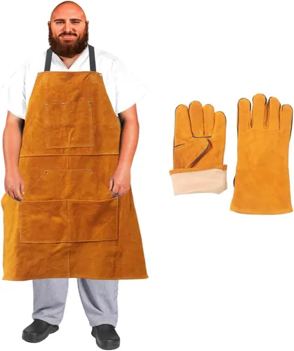 Vista 9 de Urby Delantal de trabajo grande y alto de talla grande: delantal de soldadura de cuero resistente al fuego, lona de madera y taller.