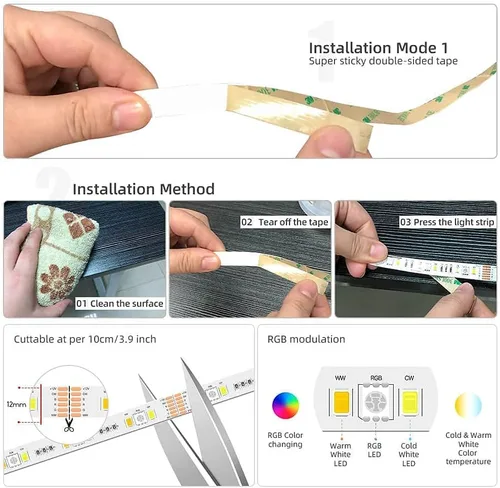 Vista 6 de GIDEALED Tira de luces LED RGBWW de 2700 K ~ 6500 K, blanco cálido blanco frío y 16 millones de cambios de color RGB, tira LED 5050 RGBCCT
