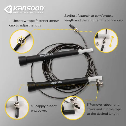 Vista 3 de KANSOON Cuerda de saltar de velocidad con sistema avanzado de rodamientos de bolas, asas de aluminio, cable de alambre ajustable de 10 pies