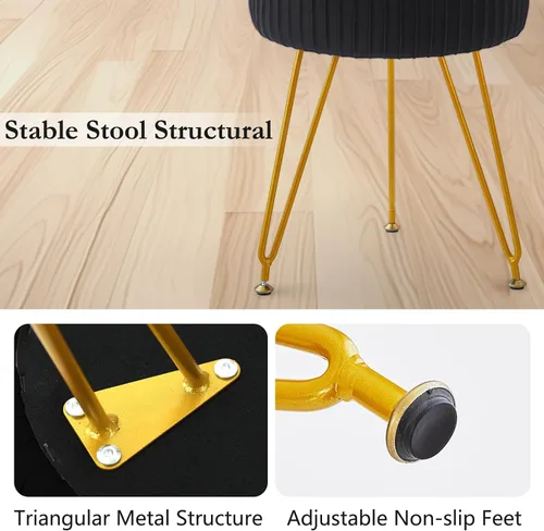 Vista 4 de Taburete de tocador de terciopelo, silla redonda de maquillaje con patas de metal ajustables y asiento acolchado suave, taburete otomano