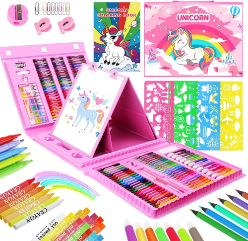 Vista 11 de homicozy Suministros de arte para niños de 4 a 12 años, estuche de arte con juegos de dibujo de dinosaurios, kits de colorear con caballete triple