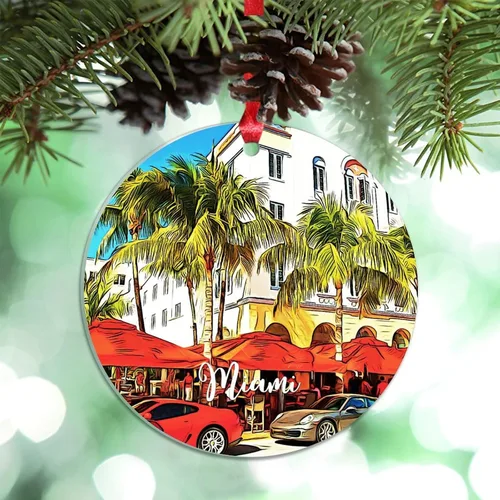 Vista 11 de Florida USA - Adornos de Navidad acrílicos de Miami, paisaje urbano, decoraciones de Navidad para árbol de viaje, recuerdo, adornos de Navidad