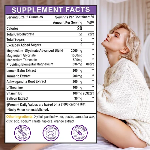 Vista 2 de Suplemento de gomitas de glicinato de magnesio para mujeres adultas, gomitas de magnesio con L-treonato, Ashwagandha, vitamina B6: sueño