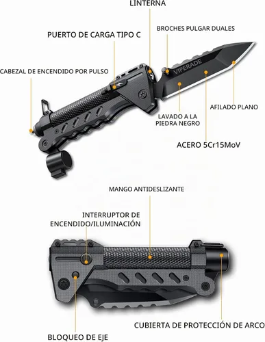 Vista 5 de VIPERADE VAK6 Multiherramienta de supervivencia con cuchillo plegable, linterna LED, encendido por pulso y generador de manivela, cuchillo