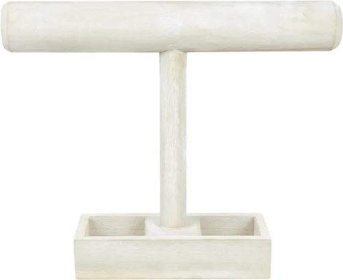 Vista 4 de MOOCA Soporte de exhibición ligero de madera para joyas con barra en T con bandeja de almacenamiento de 2 compartimentos para pulseras, relojes