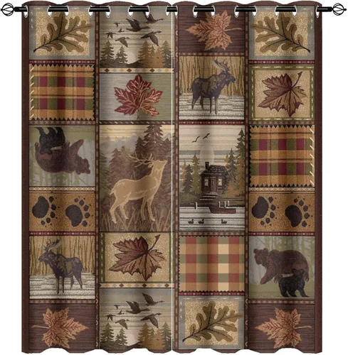 Vista 21 de Cortinas de oscurecimiento estilo campestre con osos, alces y ciervos, cortinas opacas para ventanas con ojales, tratamiento de ventanas eficiente