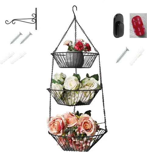 Vista 10 de JUNCHU CHERRY Cesta colgante de frutas de 3 niveles, 2 paquetes, almacenamiento para colgar en la pared, cesta de organización de cocina y baño