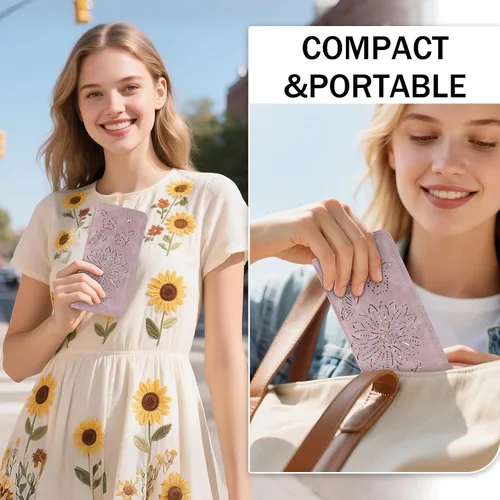 Vista 2 de Cartera con Bloqueo RFID para Mujeres Segura Delgada Bifold Cartera para Mujeres Ultra Delgada Billetera para Damas Bifold, 02-púrpura, Moda