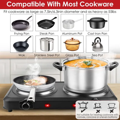 Vista 5 de TeqHome Quemador doble infrarrojo para encimera, placa eléctrica de 1800 W con placa de cocina de vidrio de cerámica de 7.5 pulgadas, temperatura