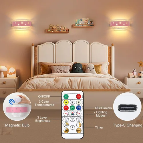 Vista 12 de Lightess Aplique de pared rosa que funciona con pilas para habitación de niñas, lámpara de pared LED regulable con forma de estrella, lámpara