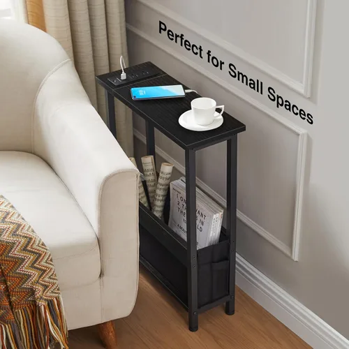 Vista 4 de BAMGROW Mesa auxiliar de carga delgada con almacenamiento, para espacios pequeños y dormitorio (negro)