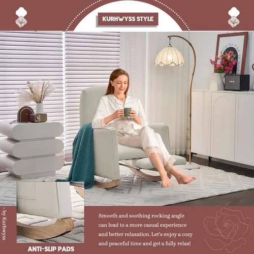 Vista 7 de Mecedora moderna para guardería, cómoda silla de guardería con reposapiés, mecedora tapizada con bolsillo, sillón de lectura con base de madera