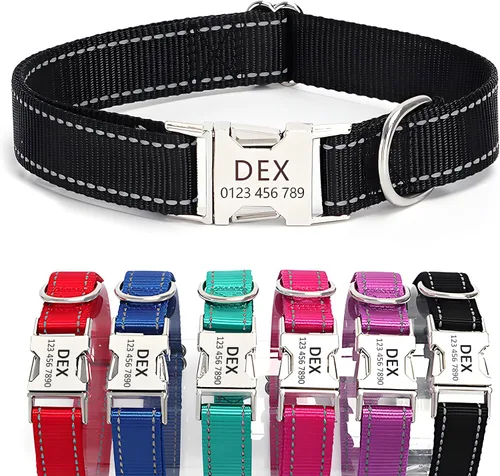Vista 11 de Collar de perro de nailon reflectante personalizado con etiqueta de nombre Collares de perro con hebilla dorada grabados personalizados Collar