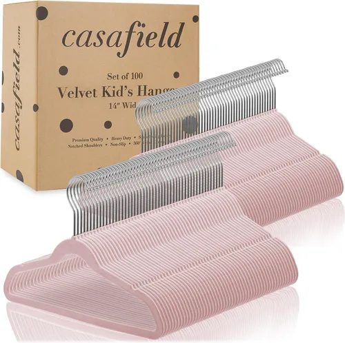 Vista 4 de Casafield 100 perchas de terciopelo para niños, tamaño de 14 pulgadas para ropa infantil, color rosa claro