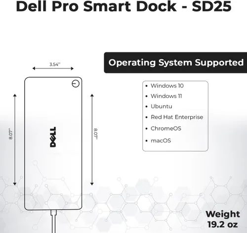 Vista 8 de Dell Pro Smart Dock SD25 Paquete - 10Gbps, 3 Años de Garantía, Soporta Monitores Duales/Triples y Pantallas 4K con Fuente de Alimentación de 180W