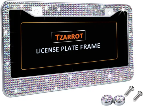 Vista 4 de Marcos de matrícula multicolor con diamantes de imitación brillantes para mujer, cubierta de matrícula de metal a prueba de óxido, accesorios