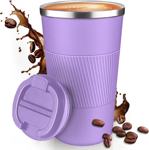 Vista 12 de Taza de Café de Viaje de 12 OZ, Taza de Café Aislada con Tapa a Prueba de Derrames y Fugas, Vaso Portátil de Acero Inoxidable Reutilizable para Agua