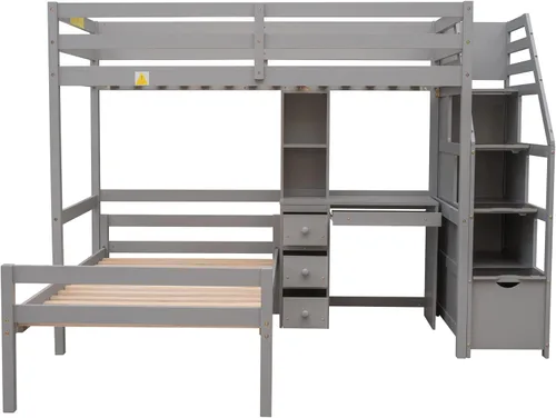 Vista 6 de Bellemave Cama alta con escritorio y escaleras, litera individual sobre cama individual con cajones de almacenamiento y estantes, camas altas