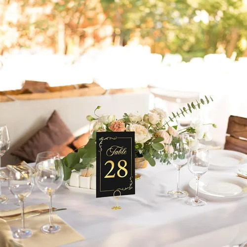 Vista 7 de JOYIT 21 juegos de tarjetas de mesa de boda del 1 al 20 y de la mesa principal con 21 soportes de números de mesas, tarjetas de números de oro negro