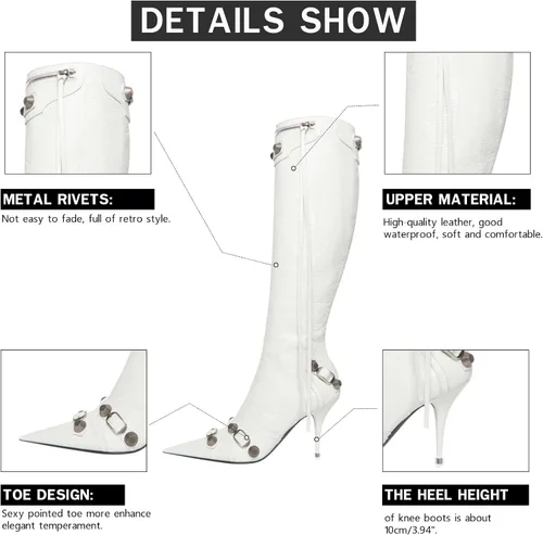 Vista 3 de VOMIRA Botas altas hasta la rodilla sexy con remaches puntiagudos, borlas y tacones de aguja de tacón alto, moda para fiesta de moda