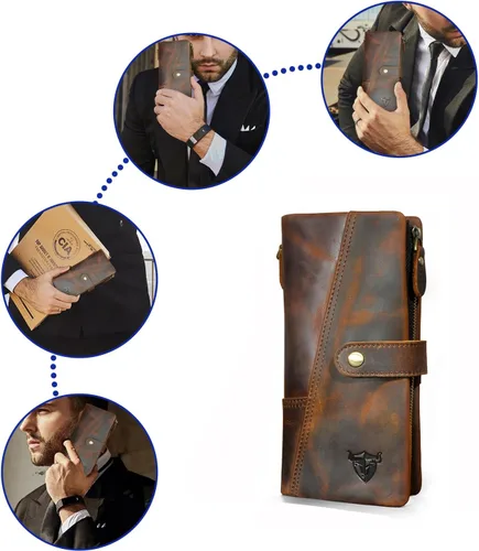 Vista 64 de Genuino Caballo Loco Cuero Regalo de Viaje Moneda Bolsillo Tarjetero Organizador Largo Cadena Rfid Cartera Monedero Con Broche Para Hombres Hombres