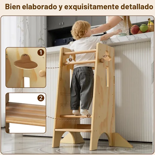 Vista 3 de COSYLAND - Taburete de pie para niños ajustables en altura - Taburete de cocina para niños súper estable con panel protector - Taburete de cocina