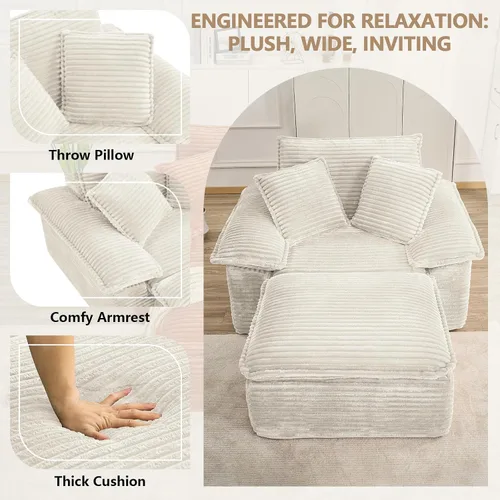 Vista 5 de Tumbona de 47 pulgadas para interiores, moderno sofá cama sin huesos con otomana, silla de asiento profundo con almohadas, cómodos sofás seccionales