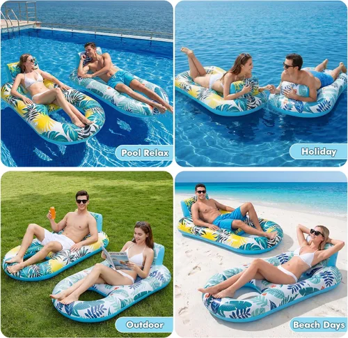 Vista 4 de 2 Pack Pool Floats Adult Heavy Duty-Adult Pool Float Lounger with Cup Holders, Backrest & Footrest Pool Lounge Float Pool Floaties Rafts for Beach