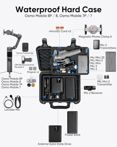 Vista 2 de Lekufee Funda rígida impermeable portátil para DJI Osmo Mobile 8P, estabilizador de cardán, DJI Mic Mini 2, Mic 3/2 y más accesorios (solo funda)