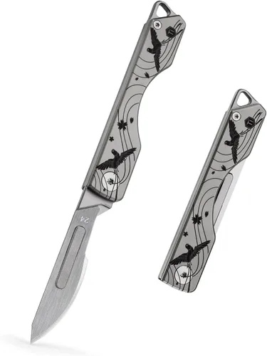 Vista 9 de KeyUnity KK01 Cuchillo plegable de titanio, cuchillo de bolsillo EDC con hoja reemplazable #24, para caza al aire libre, campamento, pesca