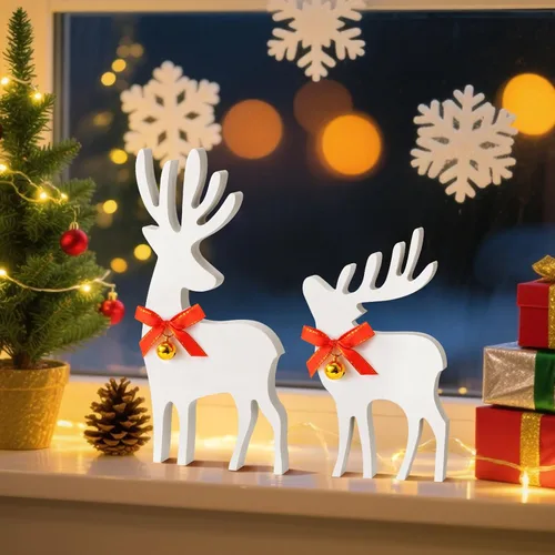 Vista 5 de Decoración navideña de reno de madera – 2 piezas de decoración navideña de ciervo de madera con lazos y campanas, decoraciones navideñas de granja