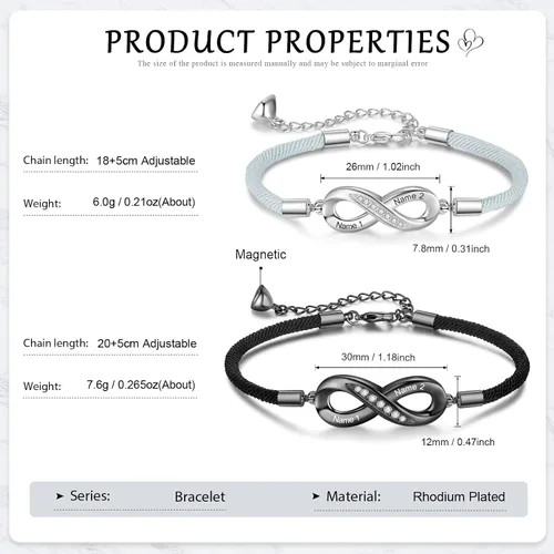 Vista 2 de Pulseras de infinito personalizadas para mujeres, hombres y parejas, pulseras a juego con nombre personalizado para parejas, para novio, novia